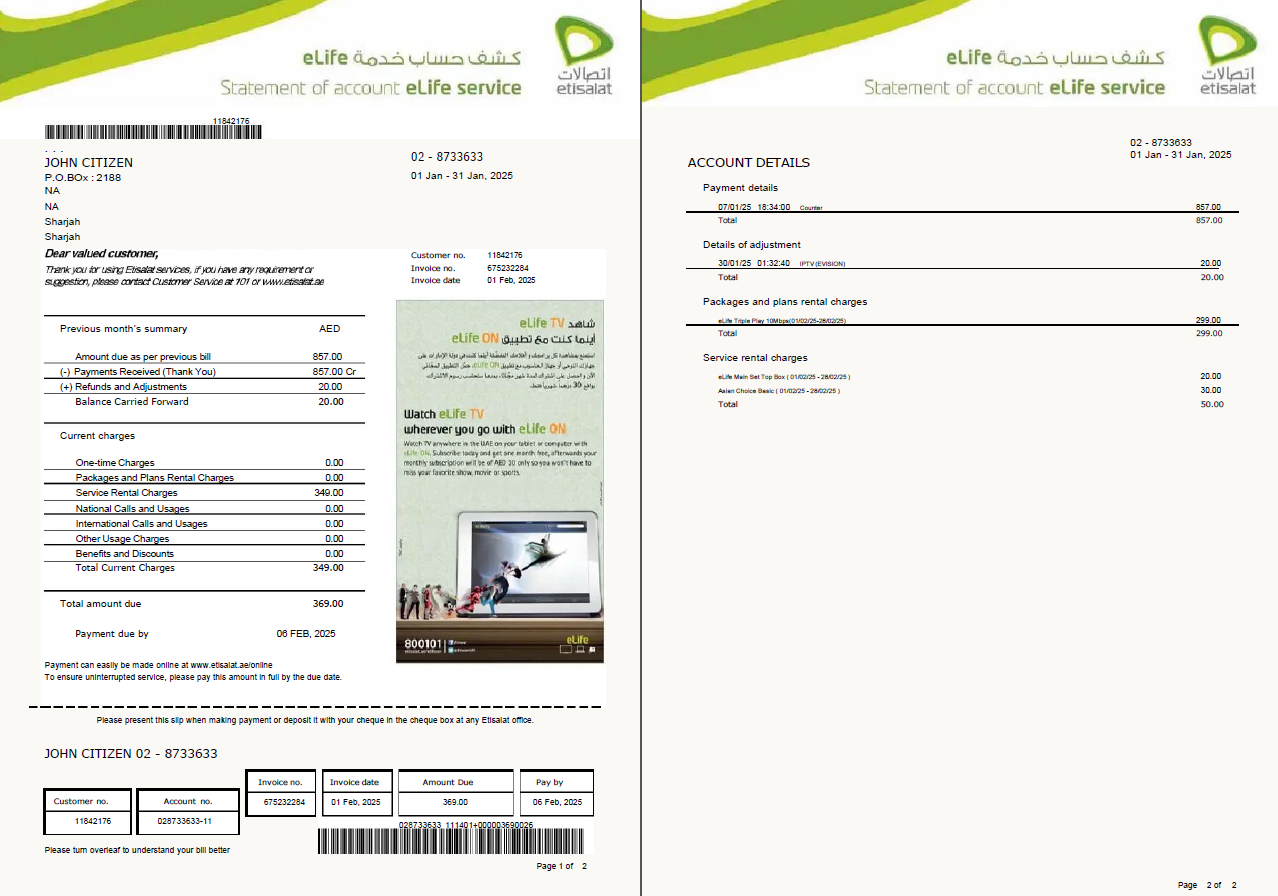UAE Etisalat utility bill template in Word and PDF formats, 2 pages, version 2